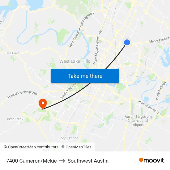 7400 Cameron/Mckie to Southwest Austin map
