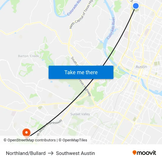 Northland/Bullard to Southwest Austin map