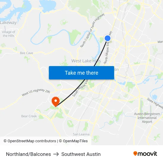 Northland/Balcones to Southwest Austin map