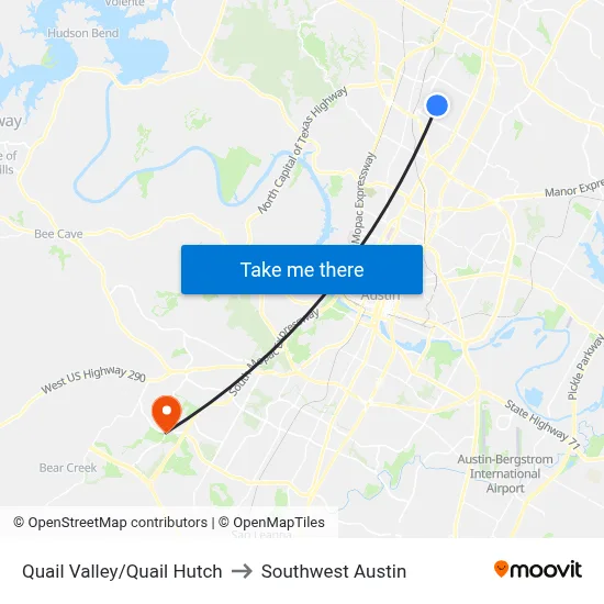 Quail Valley/Quail Hutch to Southwest Austin map