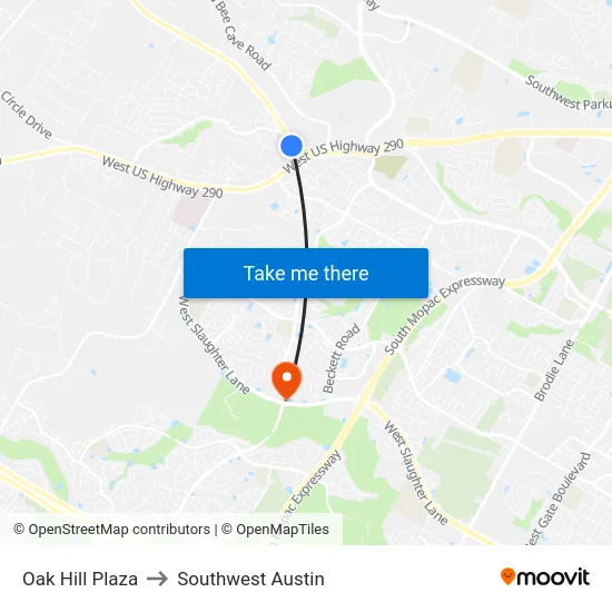 Oak Hill Plaza to Southwest Austin map