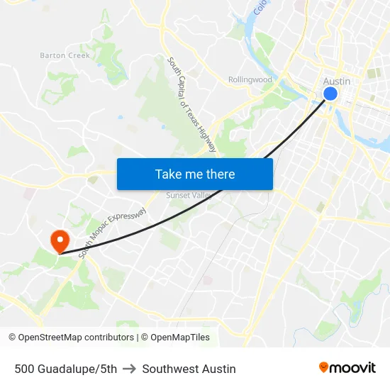 500 Guadalupe/5th to Southwest Austin map