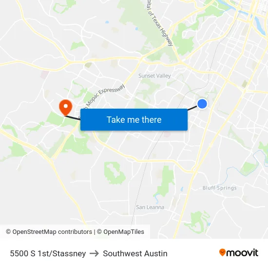 5500 S 1st/Stassney to Southwest Austin map