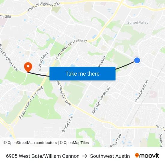 6905 West Gate/William Cannon to Southwest Austin map