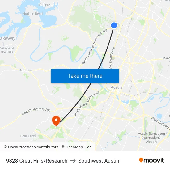 9828 Great Hills/Research to Southwest Austin map