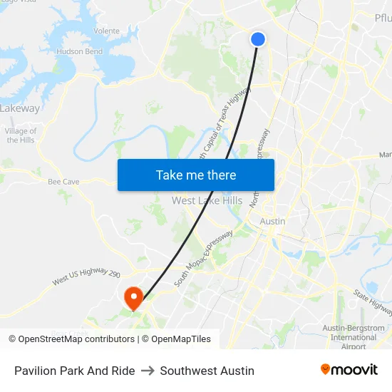 Pavilion Park And Ride to Southwest Austin map