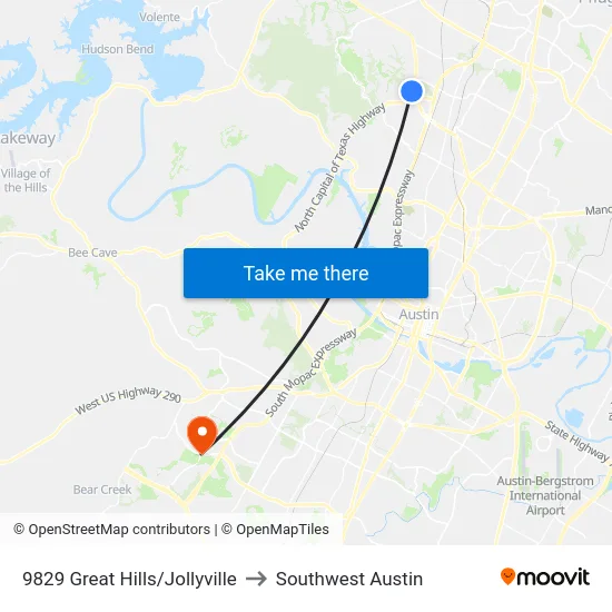 9829 Great Hills/Jollyville to Southwest Austin map