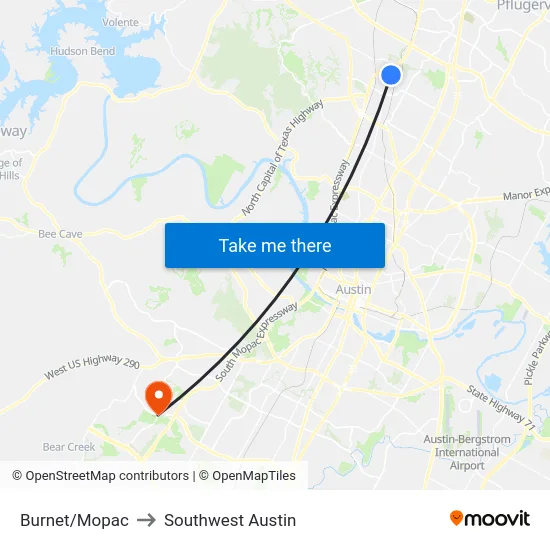 Burnet/Mopac to Southwest Austin map