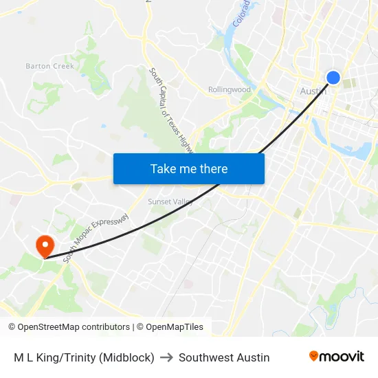 M L King/Trinity (Midblock) to Southwest Austin map