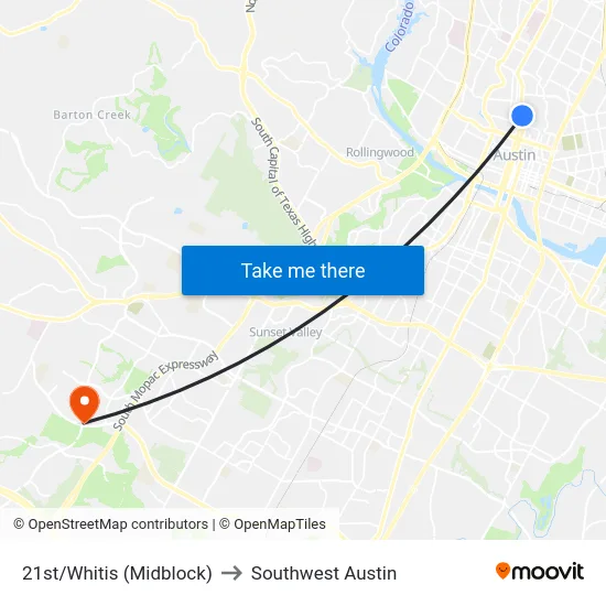 21st/Whitis (Midblock) to Southwest Austin map