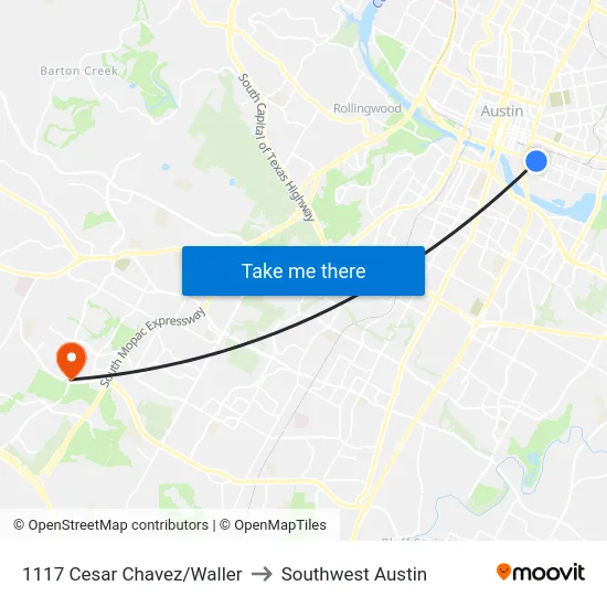 1117 Cesar Chavez/Waller to Southwest Austin map