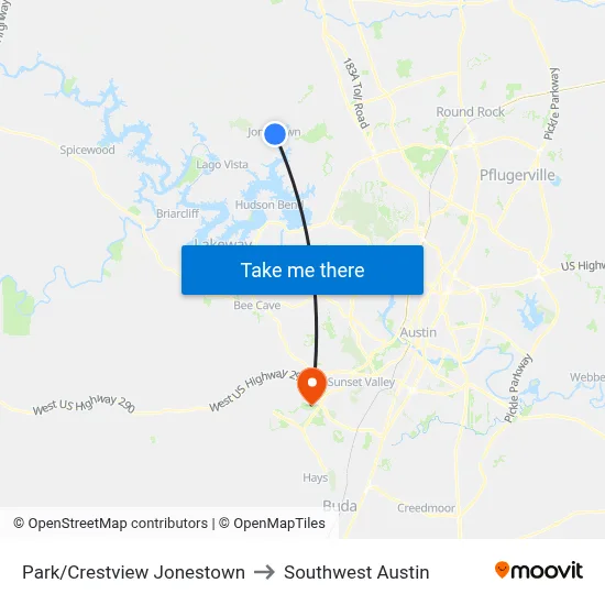Park/Crestview Jonestown to Southwest Austin map