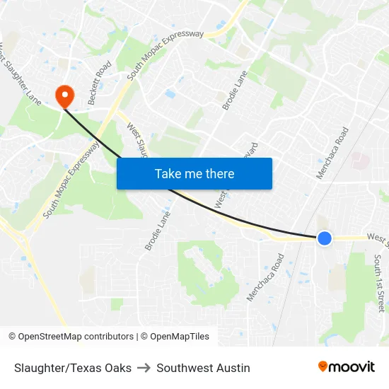 Slaughter/Texas Oaks to Southwest Austin map