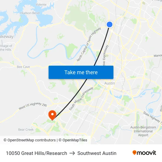 10050 Great Hills/Research to Southwest Austin map