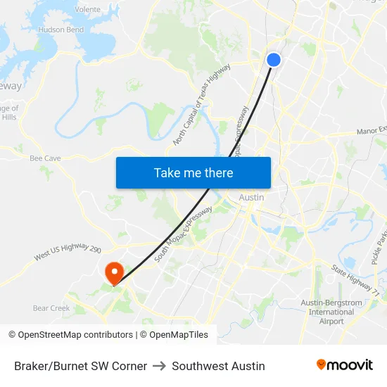 Braker/Burnet SW Corner to Southwest Austin map