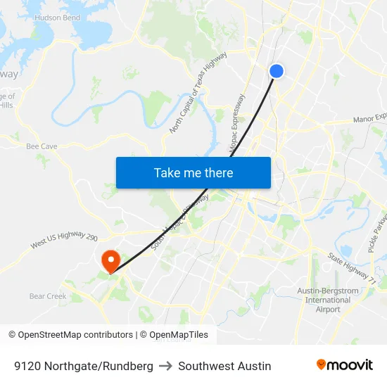9120 Northgate/Rundberg to Southwest Austin map