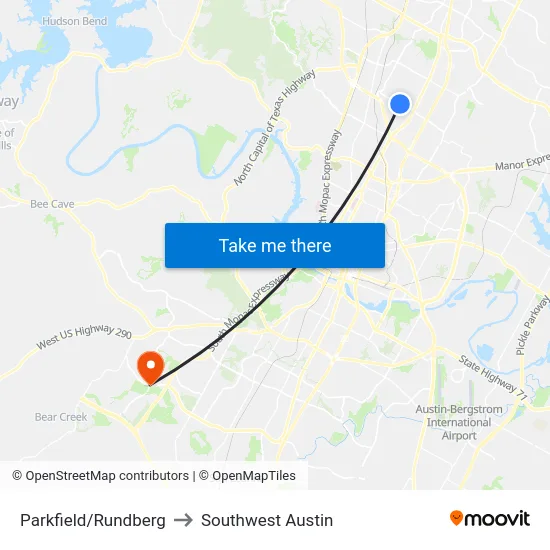 Parkfield/Rundberg to Southwest Austin map