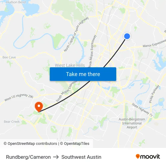 Rundberg/Cameron to Southwest Austin map