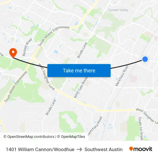 1401 William Cannon/Woodhue to Southwest Austin map