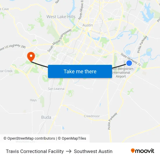 Travis Correctional Facility to Southwest Austin map