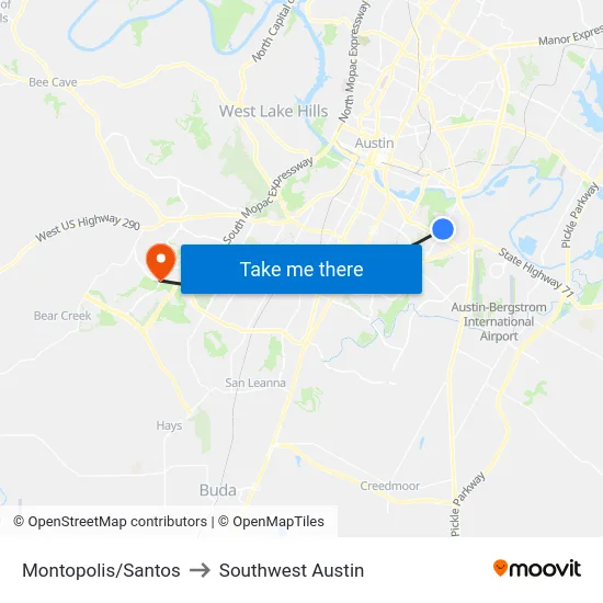 Montopolis/Santos to Southwest Austin map