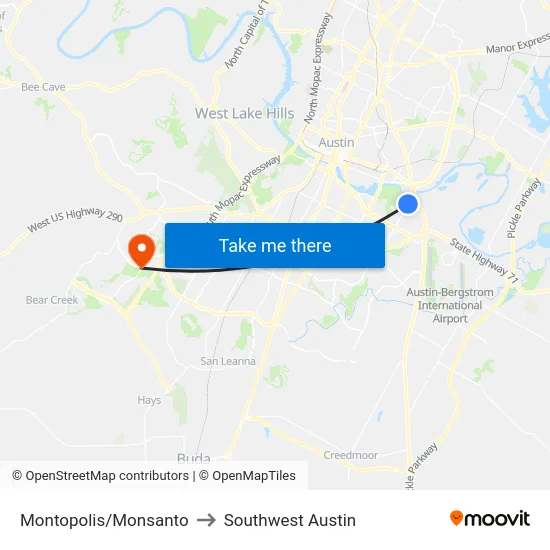 Montopolis/Monsanto to Southwest Austin map
