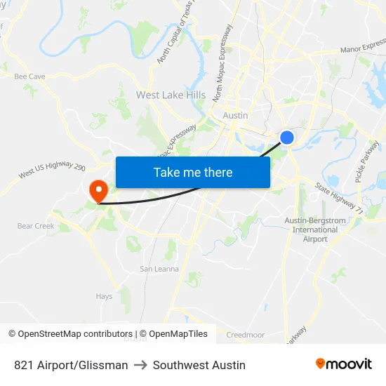 821 Airport/Glissman to Southwest Austin map