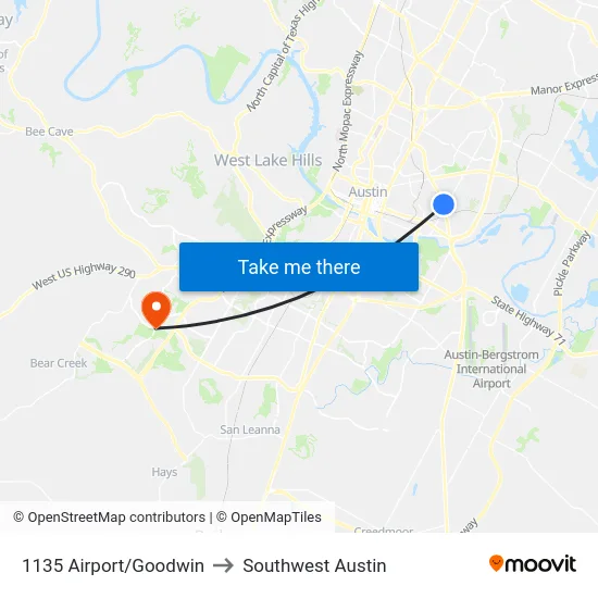 1135 Airport/Goodwin to Southwest Austin map