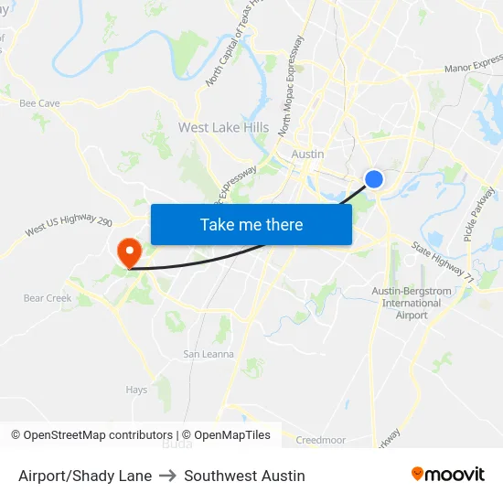 Airport/Shady Lane to Southwest Austin map