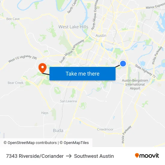 7343 Riverside/Coriander to Southwest Austin map
