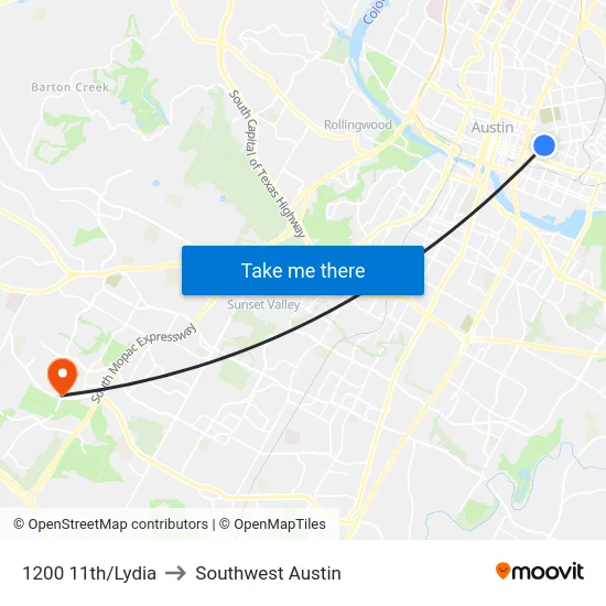 1200 11th/Lydia to Southwest Austin map