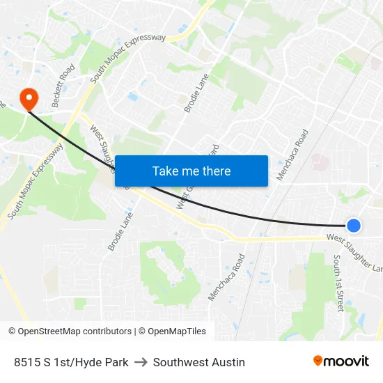 8515 S 1st/Hyde Park to Southwest Austin map