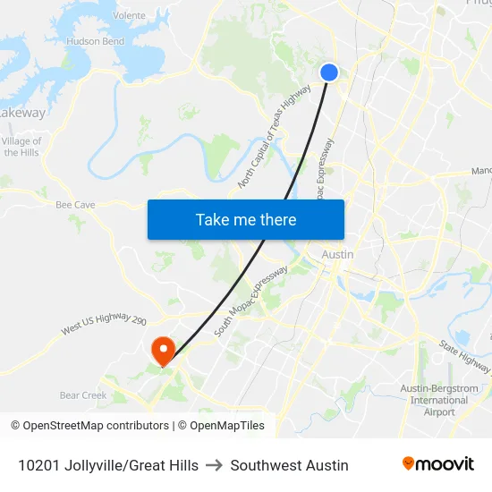 10201 Jollyville/Great Hills to Southwest Austin map
