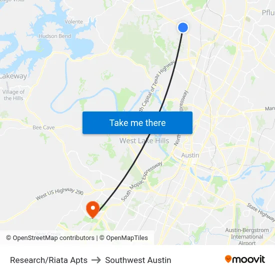 Research/Riata Apts to Southwest Austin map
