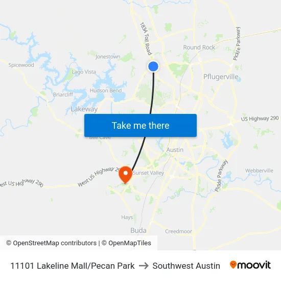 11101 Lakeline Mall/Pecan Park to Southwest Austin map