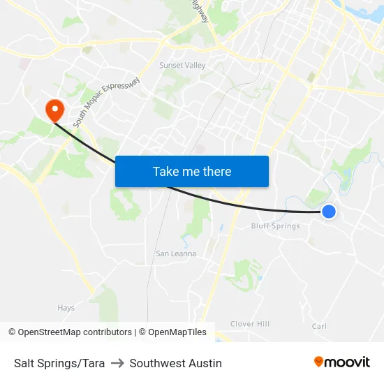 Salt Springs/Tara to Southwest Austin map