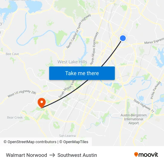 Walmart Norwood to Southwest Austin map