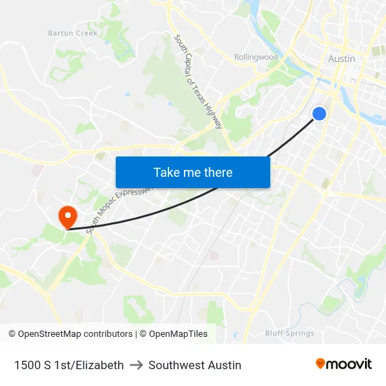 1500 S 1st/Elizabeth to Southwest Austin map