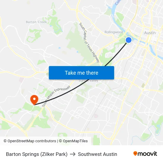Barton Springs (Zilker Park) to Southwest Austin map