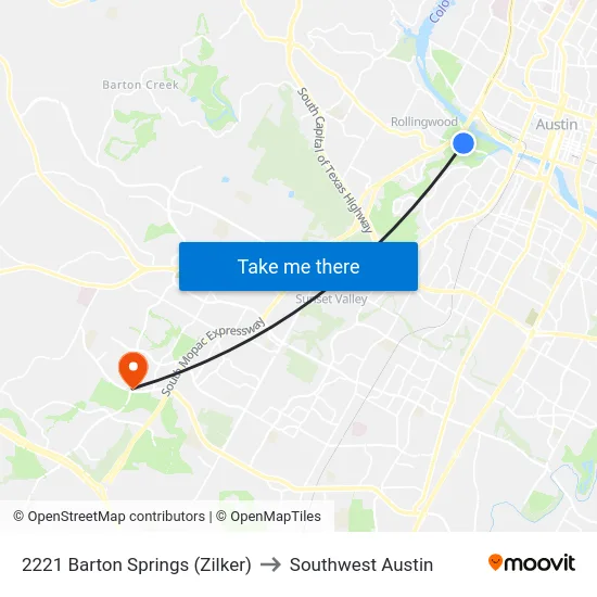 2221 Barton Springs (Zilker) to Southwest Austin map