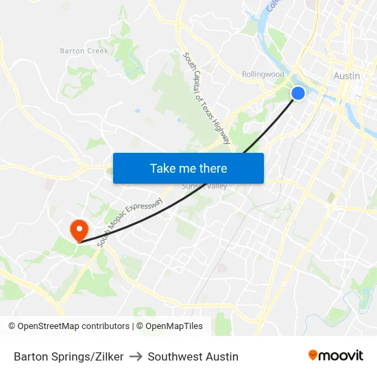 Barton Springs/Zilker to Southwest Austin map