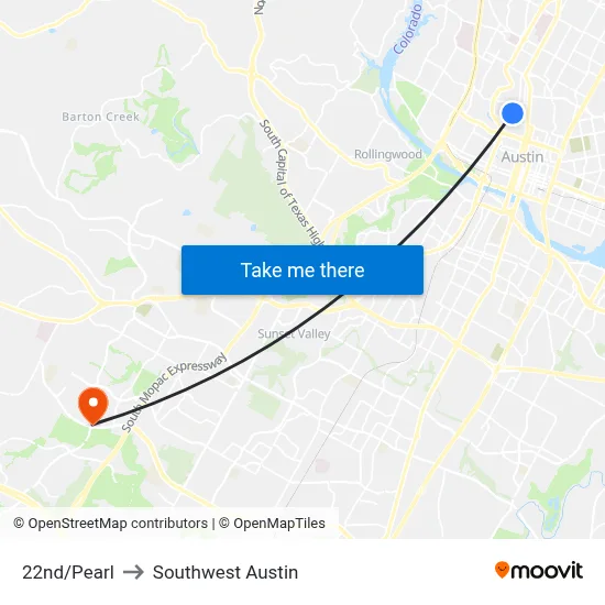 22nd/Pearl to Southwest Austin map