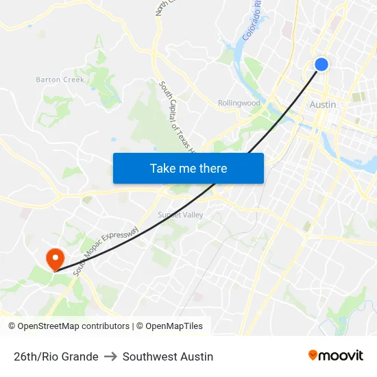 26th/Rio Grande to Southwest Austin map