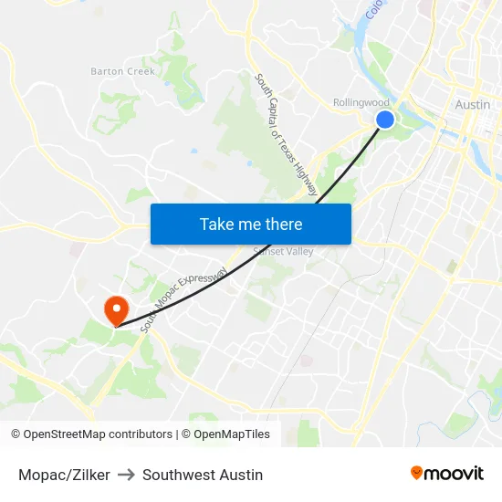 Mopac/Zilker to Southwest Austin map