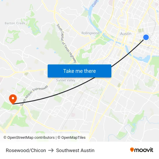 Rosewood/Chicon to Southwest Austin map