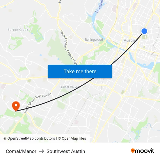Comal/Manor to Southwest Austin map
