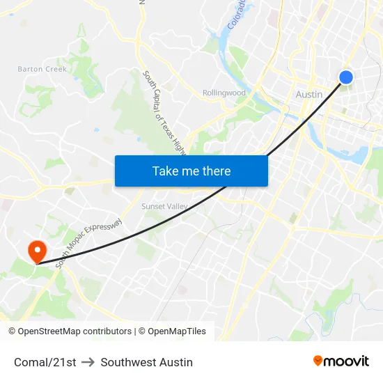 Comal/21st to Southwest Austin map