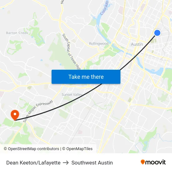 Dean Keeton/Lafayette to Southwest Austin map