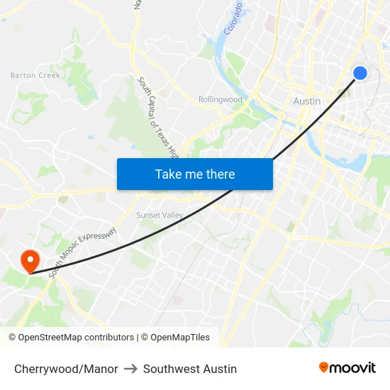 Cherrywood/Manor to Southwest Austin map