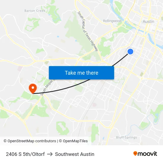 2406 S 5th/Oltorf to Southwest Austin map